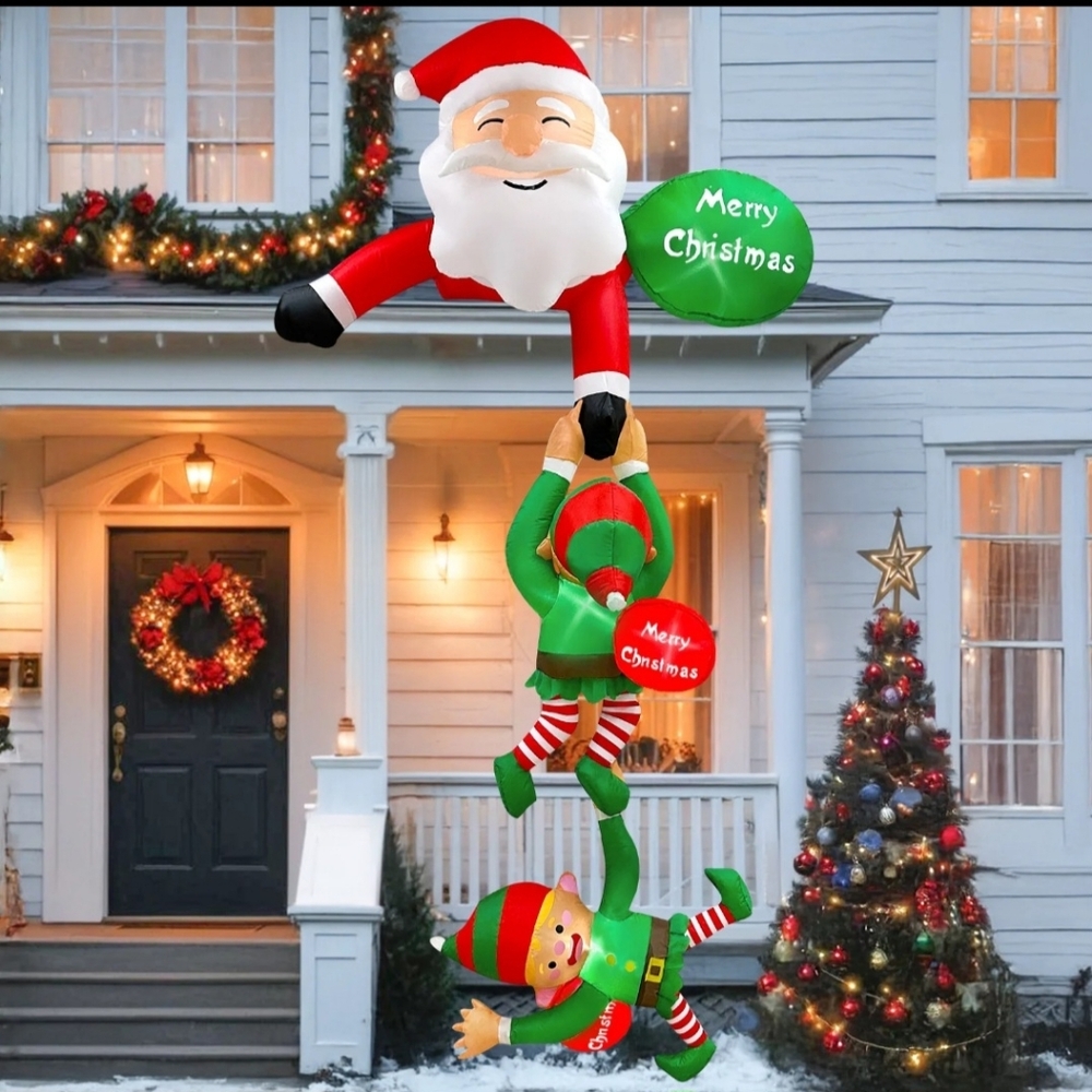 8 FT Hanging Inflatable Lit-up Climbing Santa  Pulling Elves for Roof or Windows